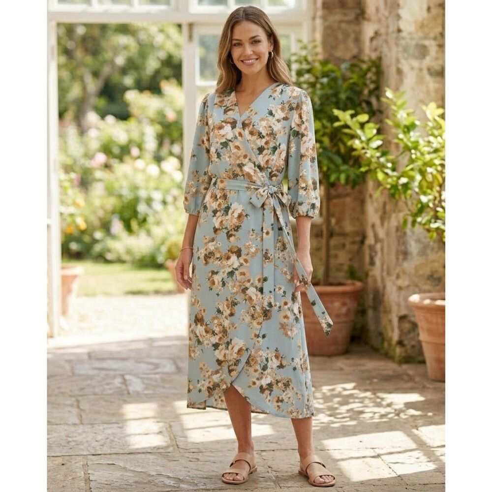 Connected apparel Blue Floral Faux Wrap Midi Dress Size 10 NWOT